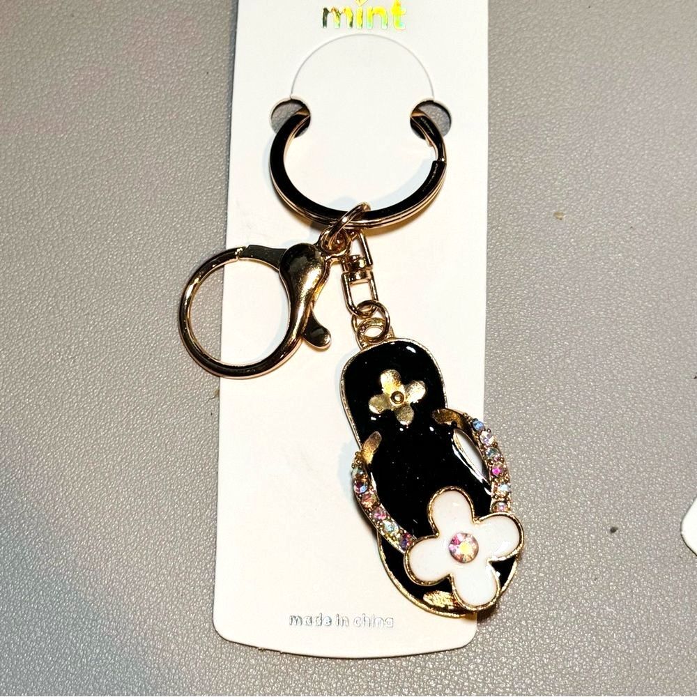 BAG CHARM MINT Black Flip Flop Keychain with Gold and Crystal Accents